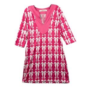 Tracy Negoshian Pink & White Seahorse Print Dress V Neck 3/4 Sleeve Size Small